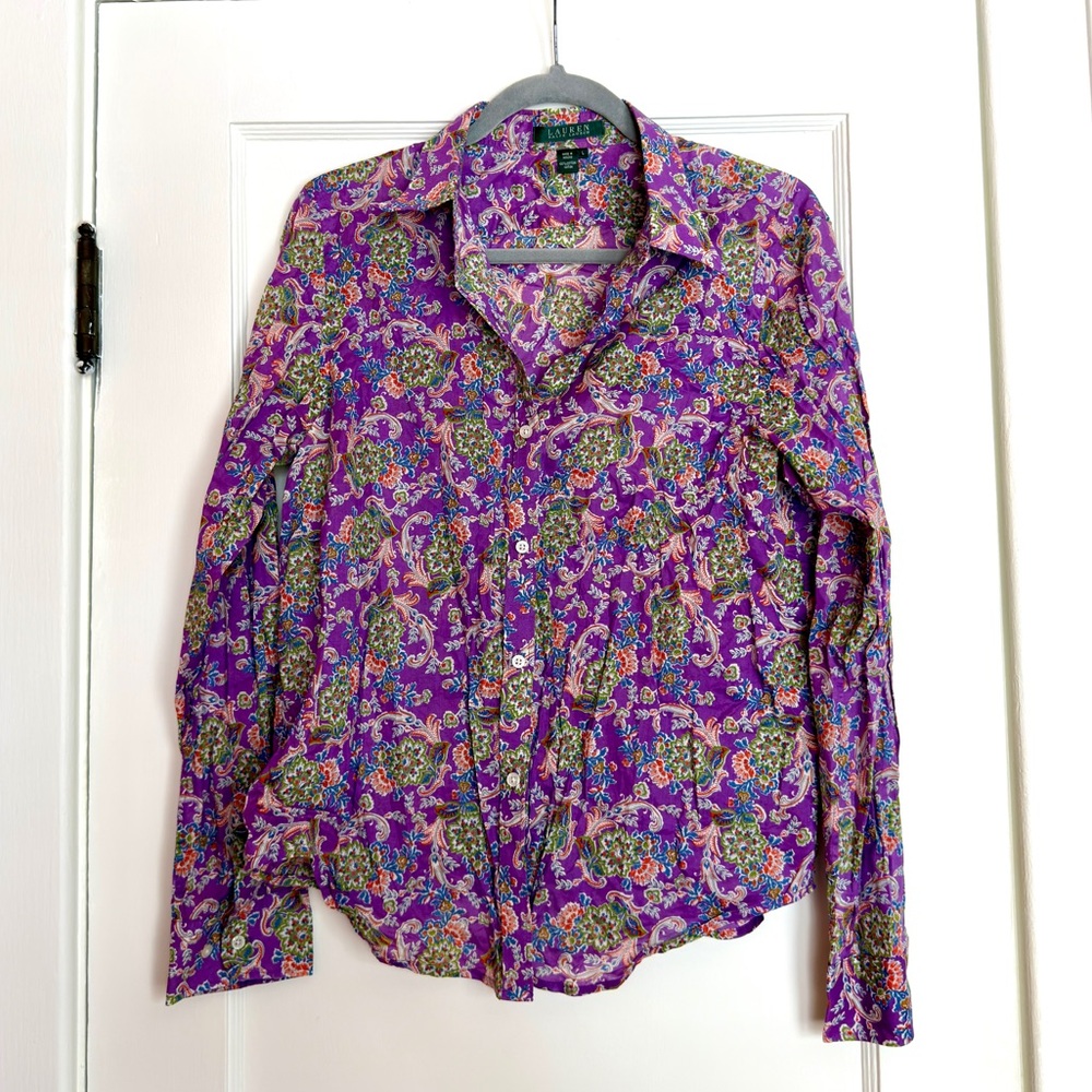 Vintage Ralph Lauren Purple Paisley Shirt 100% Cotton Fall Boho Style